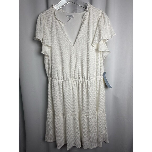 London Times Women Flutter Sleeve Tiered Fit And Flare Dress In White Sz 1X New - Picture 3 of 7